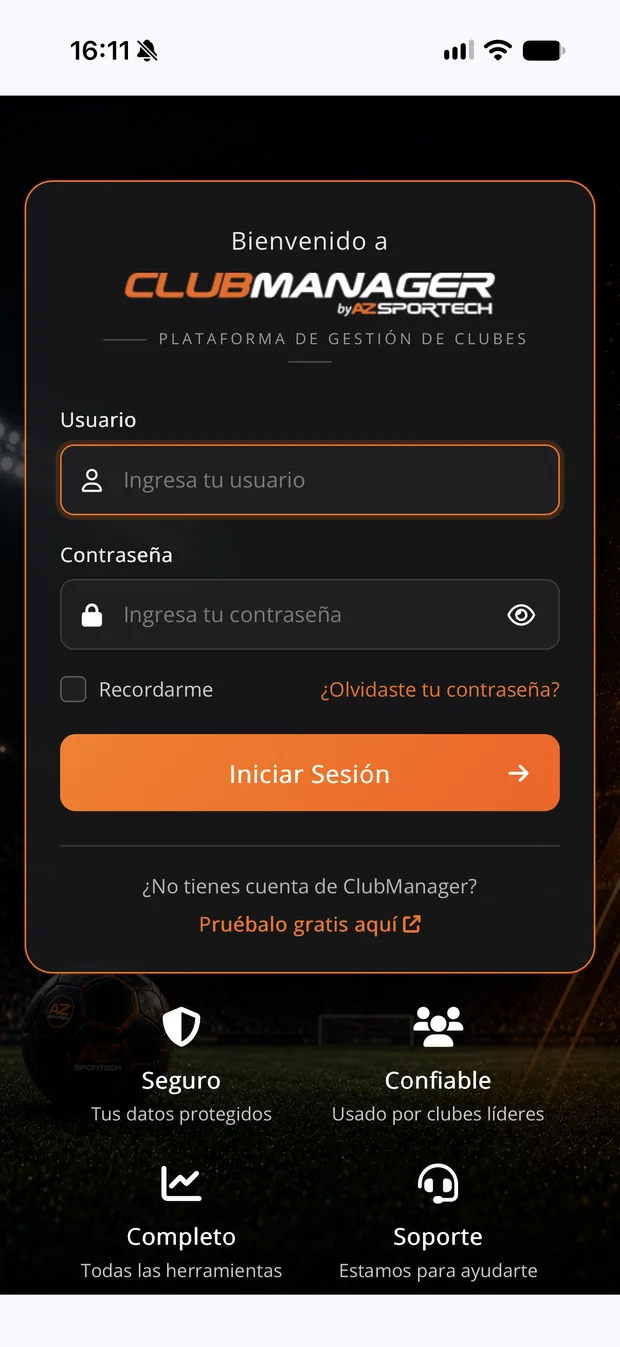 Pantalla de acceso de la app ClubManager