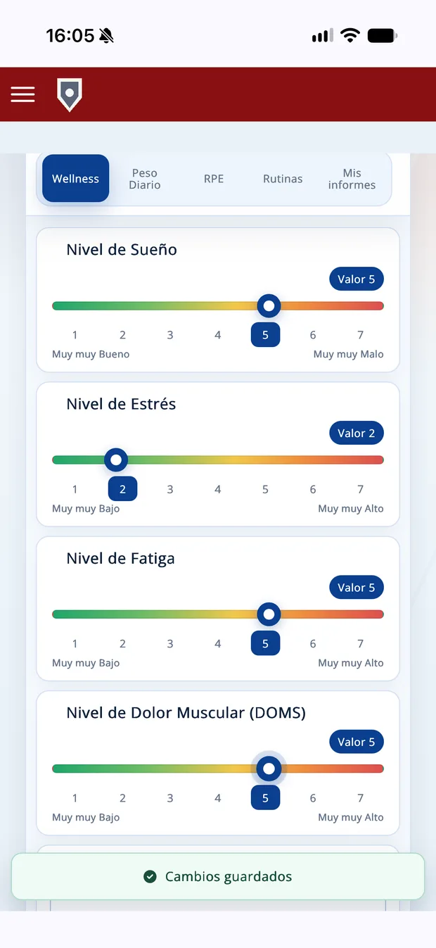 Registro diario de bienestar: sueño, estrés, fatiga y dolor muscular