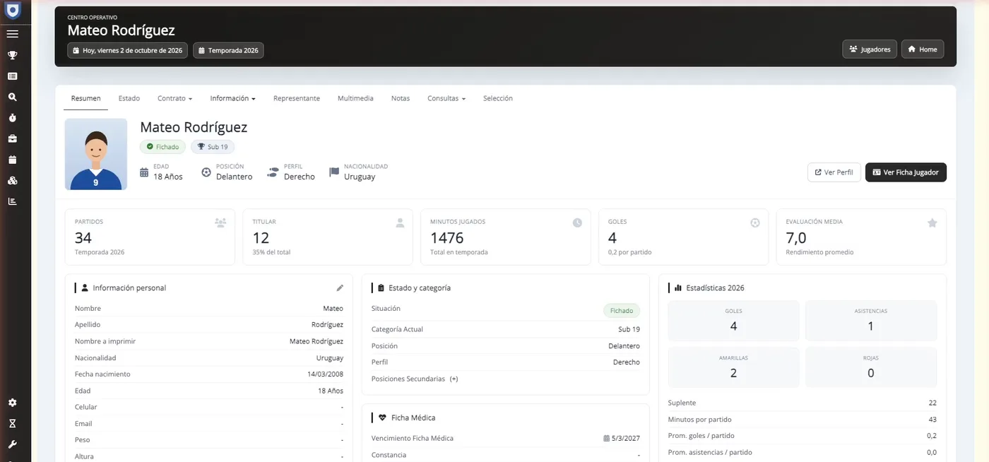 Ficha de un jugador de ejemplo en ClubManager, con perfil, estado y estadísticas de la temporada