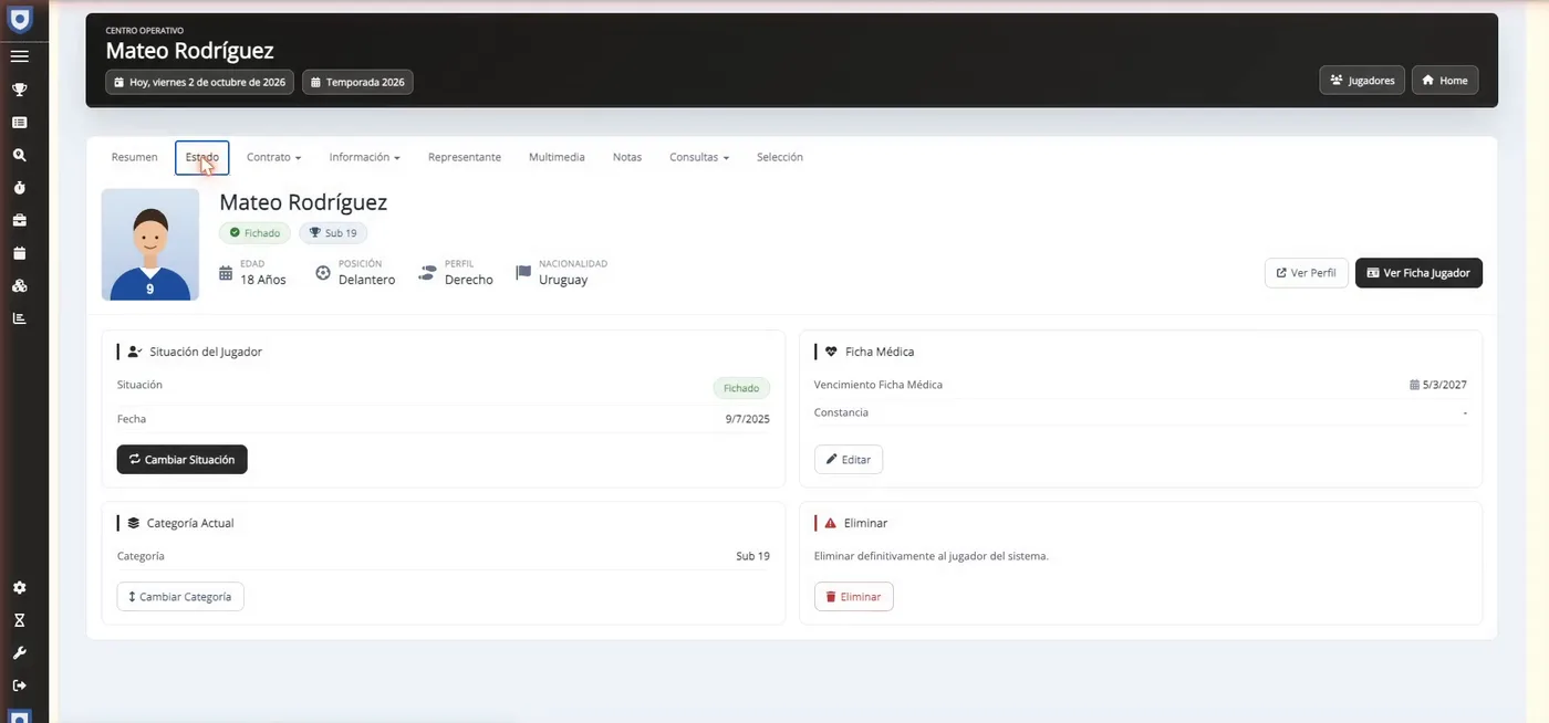 Situación del jugador y ficha médica en ClubManager